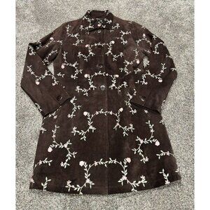Brown Suede Trench Coat with Floral Embroidery